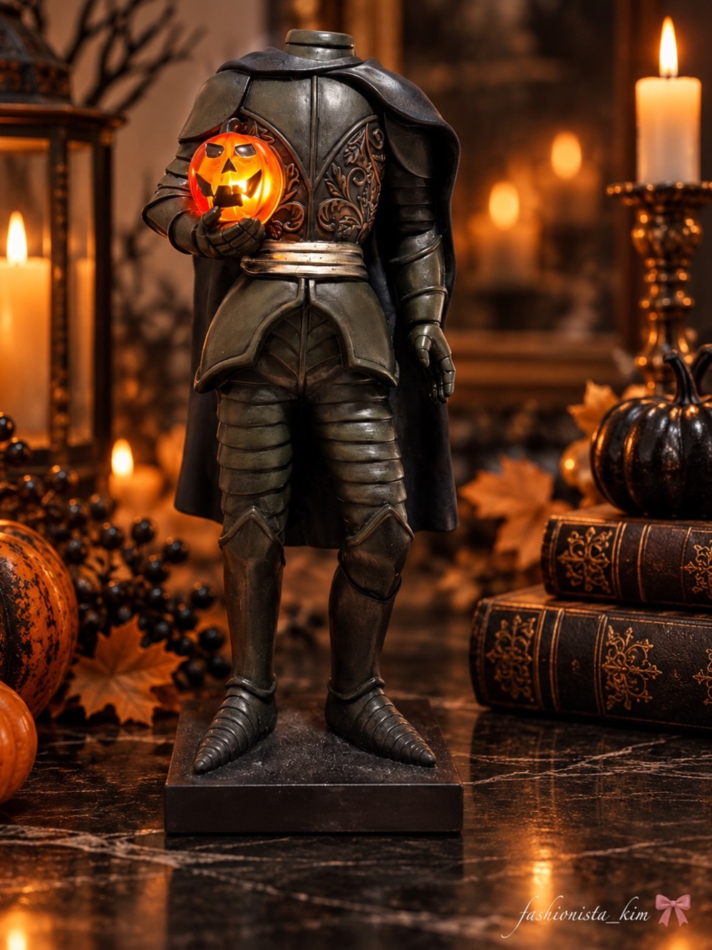 Headless Horseman spooky night LED Figurine Orange jack-o-lantern pumpkin